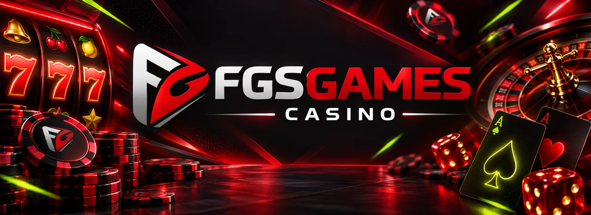 Banner des FGS Games Casino mit dem roten FGS Logo und dem Willkommensbonus von 100 % bis 500 €